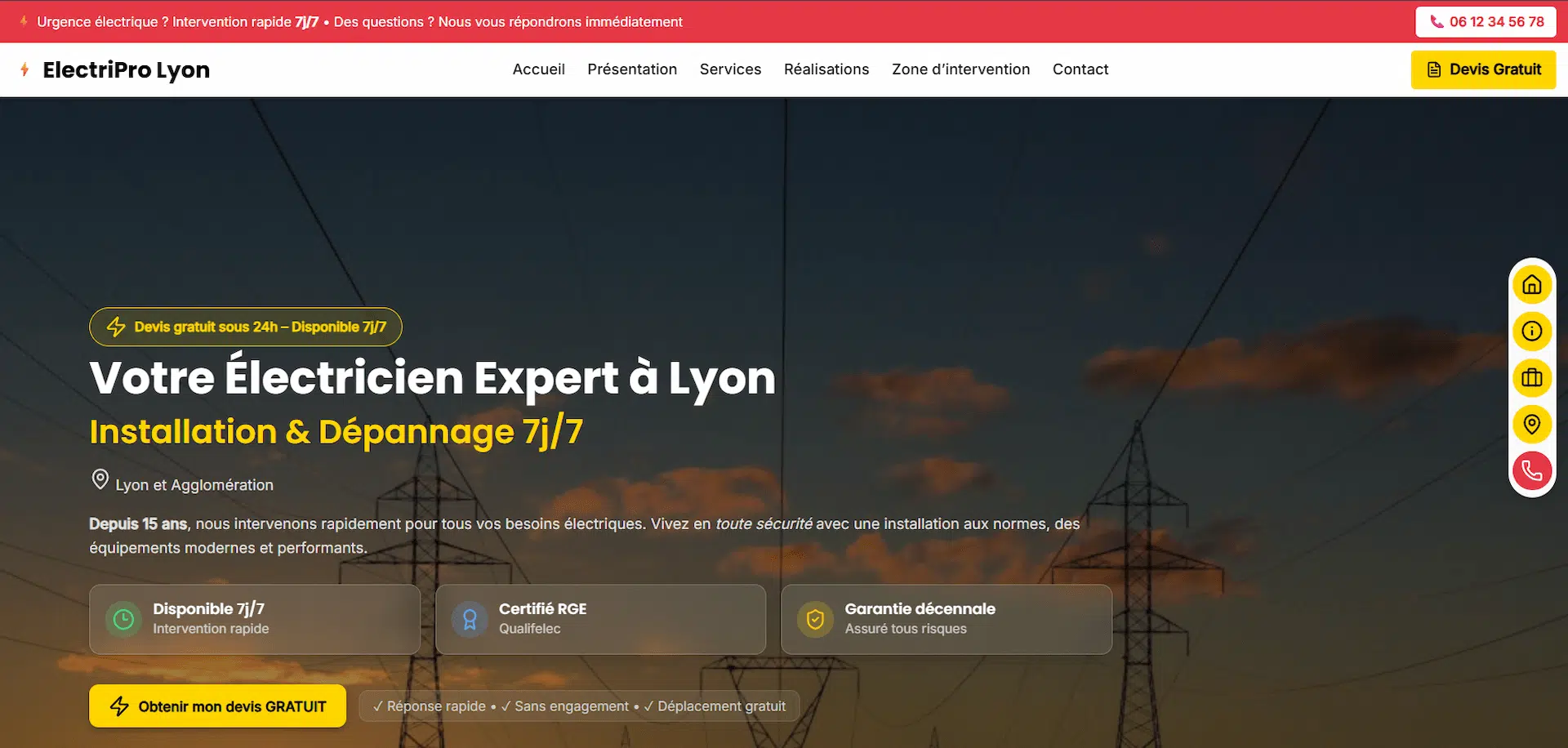 Site vitrine pour électricien à Lyon – Installation et dépannage électrique 7j/7